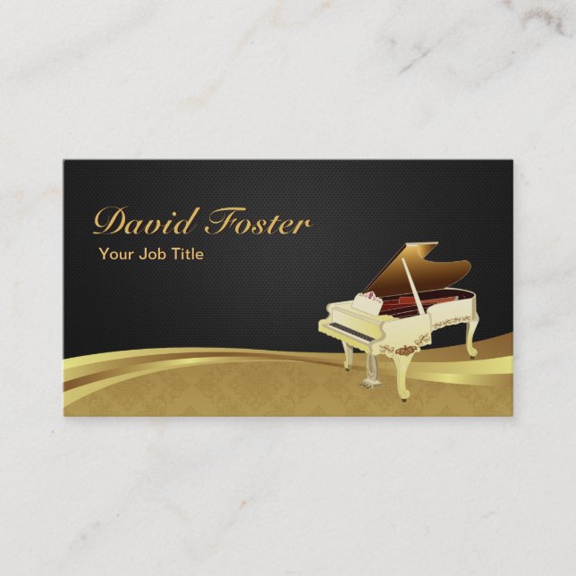 Grand Piano Pianist Elegant Black Gold Damask Business Card (Front)