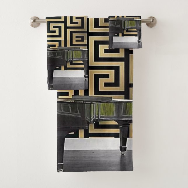 Grand Piano with Gold Greek Key Border Designer's Bath Towel Set (Insitu)