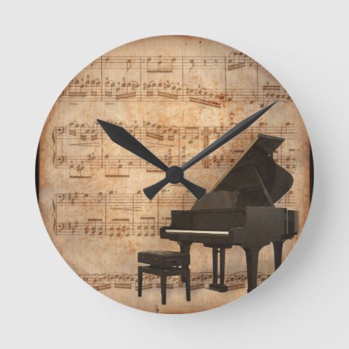 Grand Piano with Music Notes Round Clock