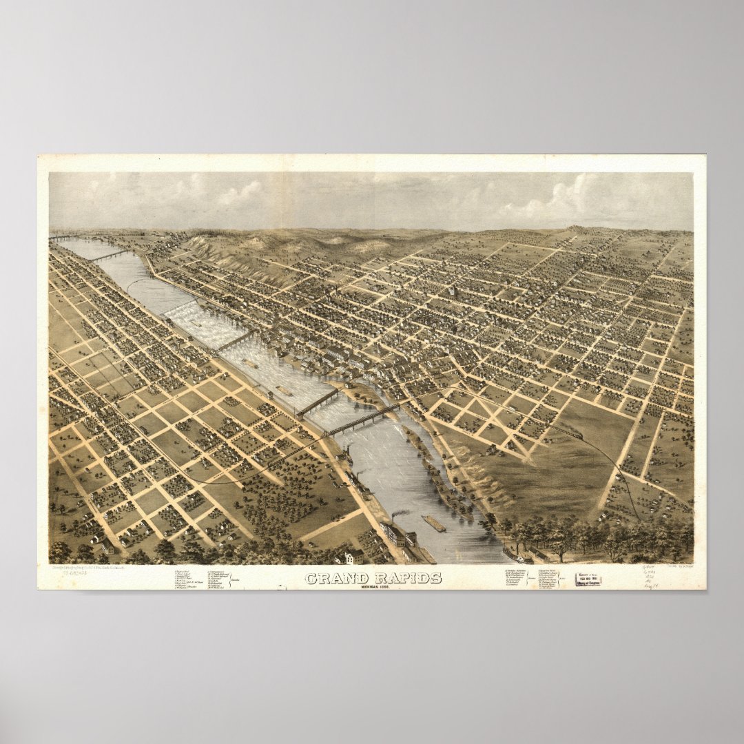 Grand Rapids Michigan 1868 Antique Panoramic Map Poster Zazzle