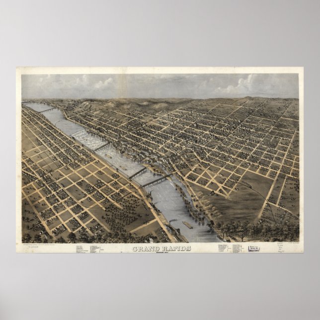 Grand Rapids Michigan 1868 Antique Panoramic Map Poster (Front)