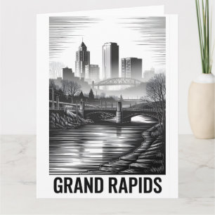 Grand Rapids Michigan Skyline Black White Woodcut Card