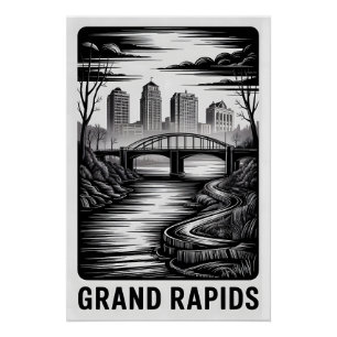 Grand Rapids Michigan Skyline Black White Woodcut Poster