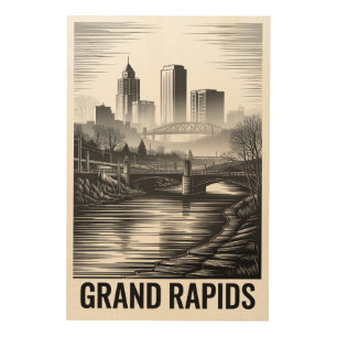 Grand Rapids Michigan Skyline Black White Woodcut Wood Wall Art