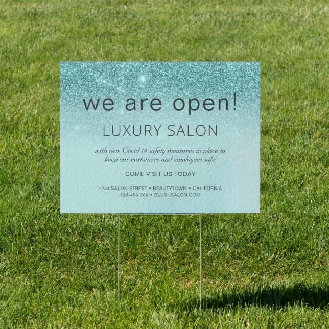 Grand Reopening Aqua Blue Teal Glitter Salon Sign (Insitu)