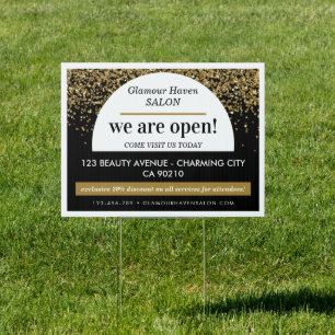 Grand Reopening Black Gold Glitter Salon Sign