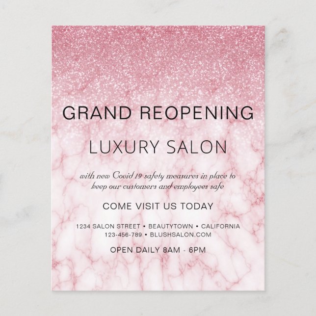 Grand Reopening Marble Pink Glitter Salon Flyer (Front)