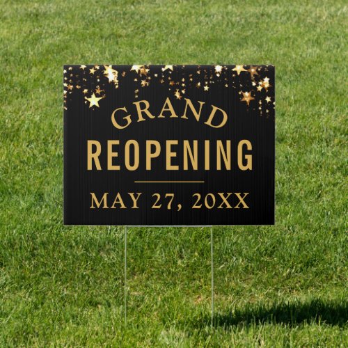 GRAND REOPENING or Your Text Black Gold Stars Sign