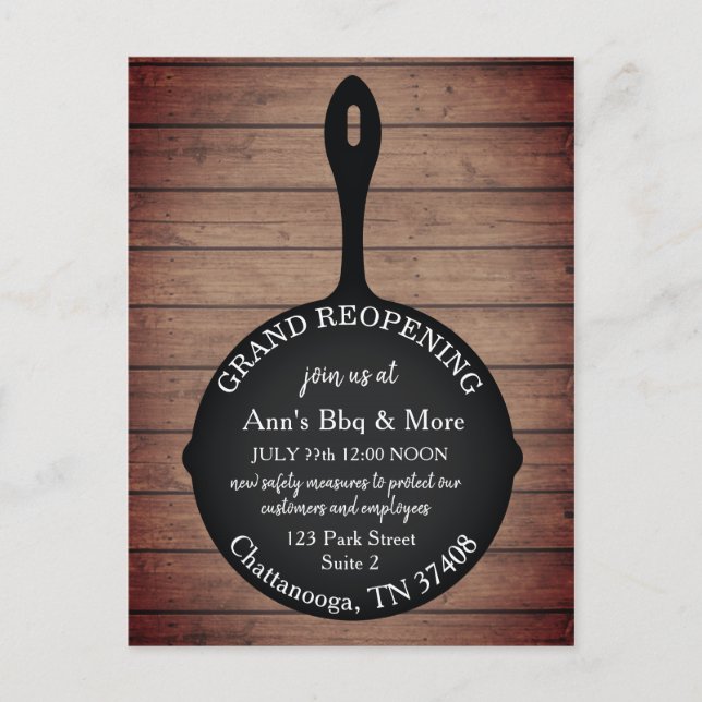 Grand Reopening Restaurant Skillet Wood Rustic Postcard (Front)