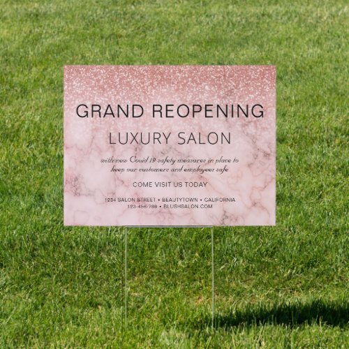 Grand Reopening Rose Gold Marble Glitter Salon Sign