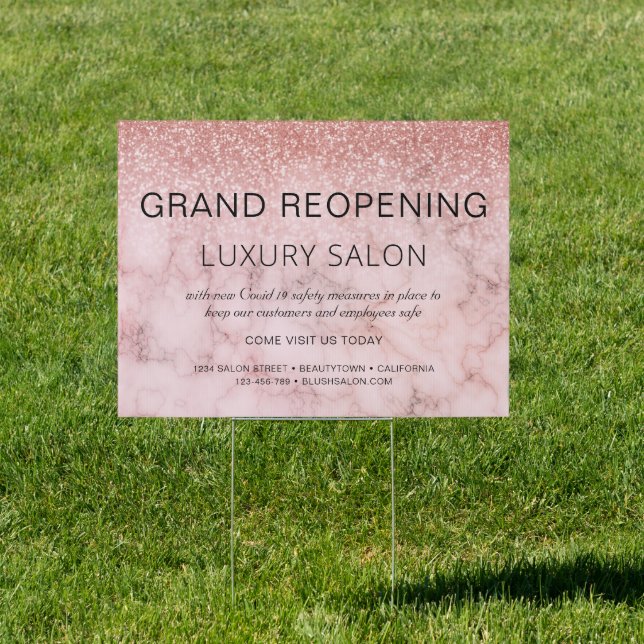Grand Reopening Rose Gold Marble Glitter Salon Sign (Insitu)