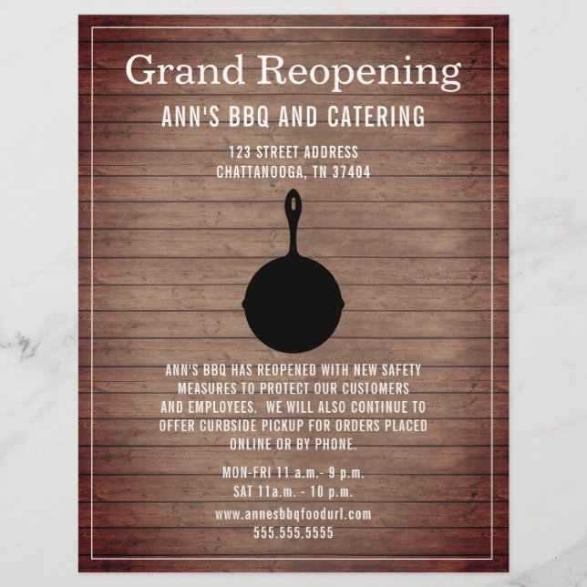 Grand Reopening Rustic Restaurant Skillet Wood Flyer (Front)