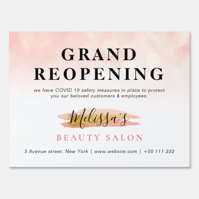 GRAND REOPENING | trendy gold and pink salon Sign (Front)