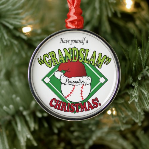 Grand Slam Baseball Christmas Metal Ornament