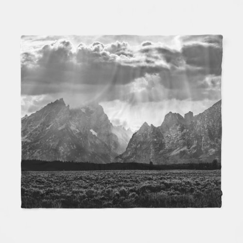 Grand Teton Mountain Range in Black and White Fleece Blanket