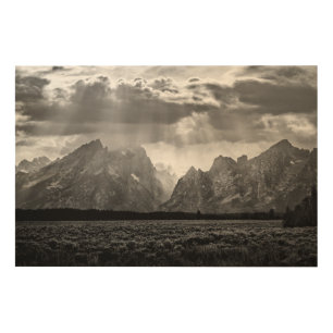 Grand Teton Mountain Range in Black and White Wood Wall Art