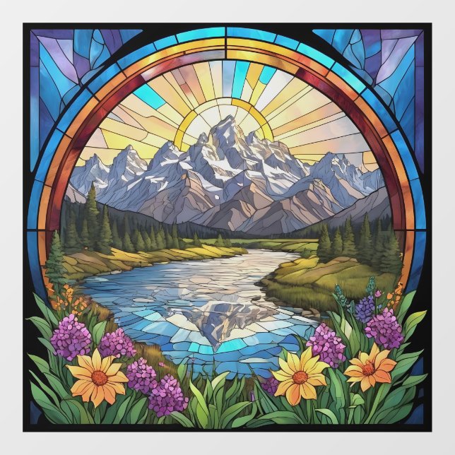 Grand Teton Mountains Faux Stained Glass Mountain Window Cling (Sheet)