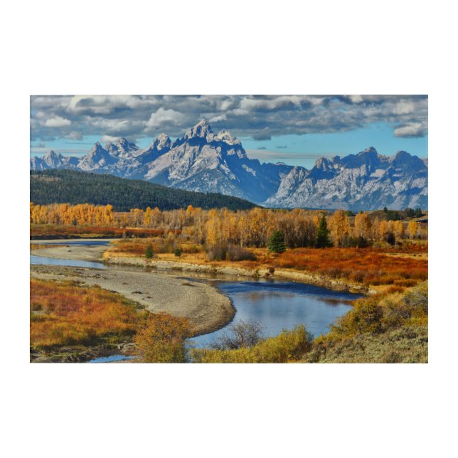 Grand Teton Mountains River View in Autumn Acrylic Print (Front)