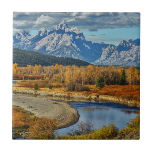 Grand Teton Mountains River View in Autumn Ceramic Tile