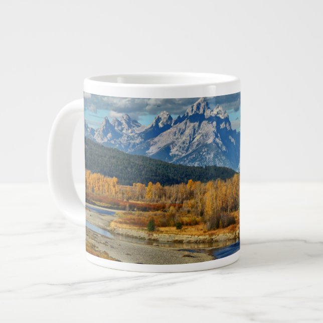Grand Teton Mountains River View in Autumn Giant Coffee Mug (Front Left)