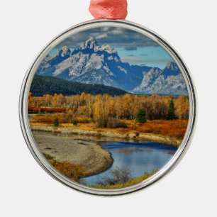Grand Teton Mountains River View in Autumn Metal Ornament