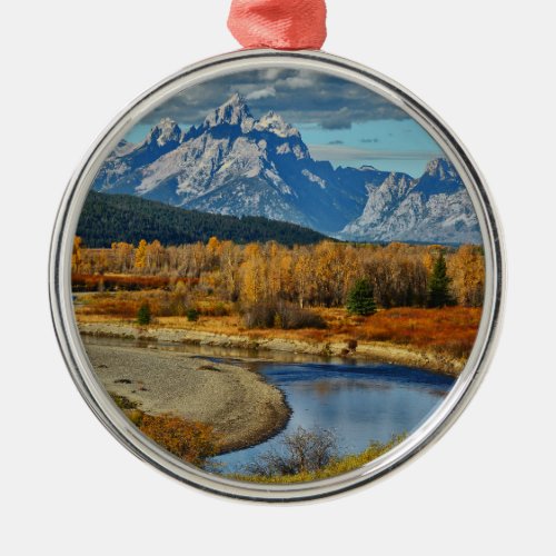 Grand Teton Mountains River View in Autumn Metal Ornament