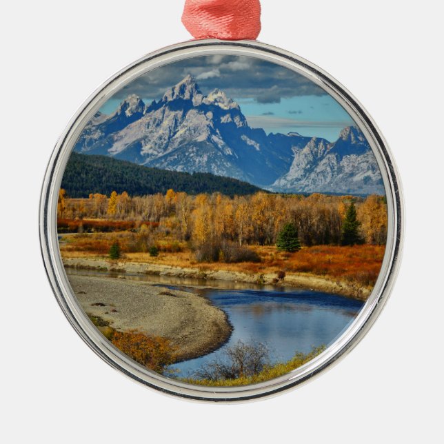 Grand Teton Mountains River View in Autumn Metal Ornament (Front)
