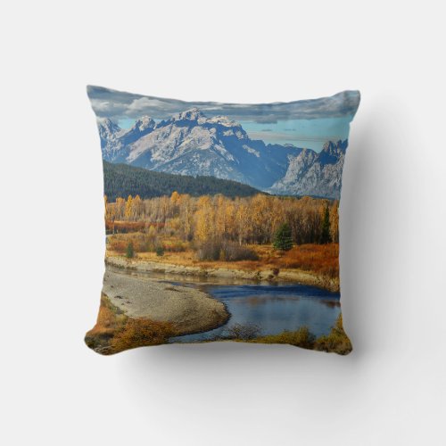 Grand Teton Mountains River View in Autumn Throw Pillow