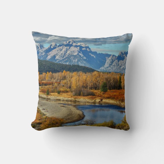 Grand Teton Mountains River View in Autumn Throw Pillow (Front)