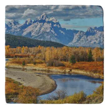 Grand Teton Mountains River View In Autumn Trivet by intothewild at Zazzle