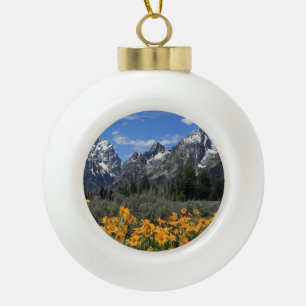 Grand Teton Mountains with Yellow Flowers Ceramic Ball Christmas Ornament
