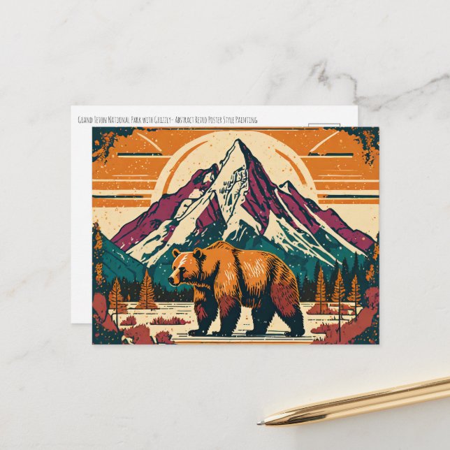 Grand Teton National Park Grizzly Retro Painting Postcard (Front/Back In Situ)