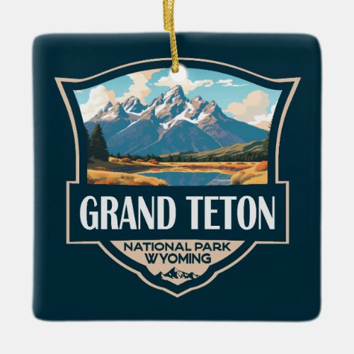 Grand Teton National Park Illustration Retro Ceramic Ornament