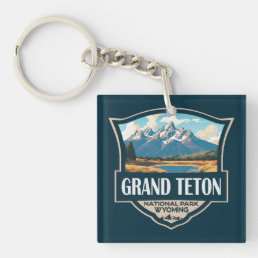 Grand Teton National Park Illustration Retro Keychain