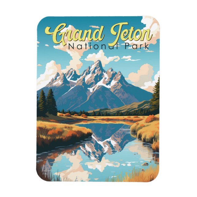 Grand Teton National Park Illustration Retro Magnet (Vertical)