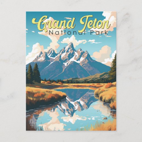 Grand Teton National Park Illustration Retro Postcard