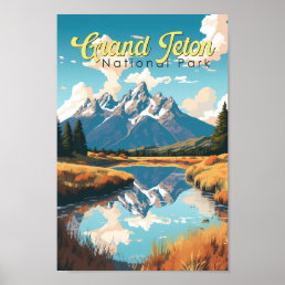 Grand Teton National Park Illustration Retro Poster