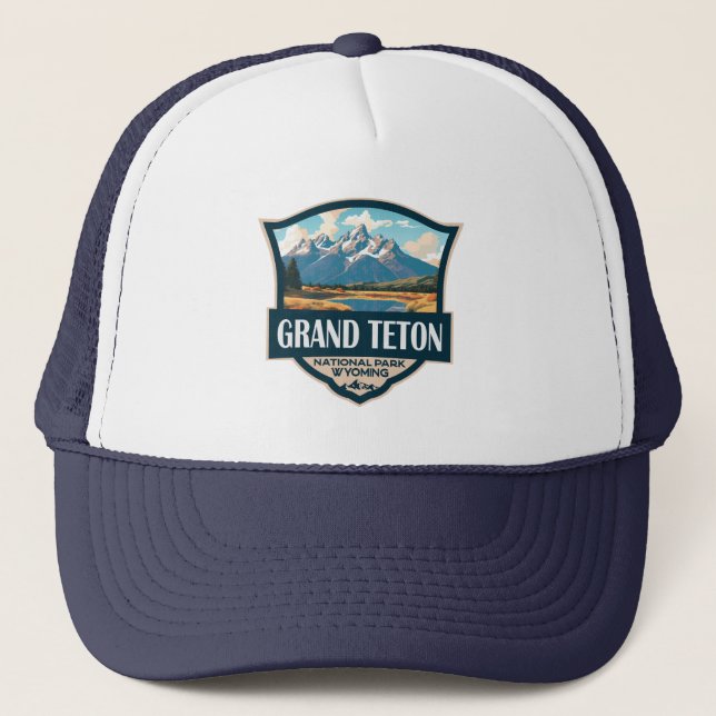 Grand Teton National Park Illustration Retro Trucker Hat (Front)