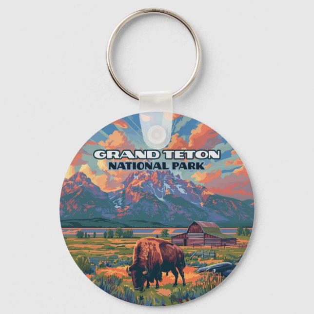 Grand Teton National Park Mountains Bison Wyoming Keychain (Front)