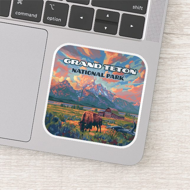 Grand Teton National Park Mountains Bison Wyoming Sticker (Detail)