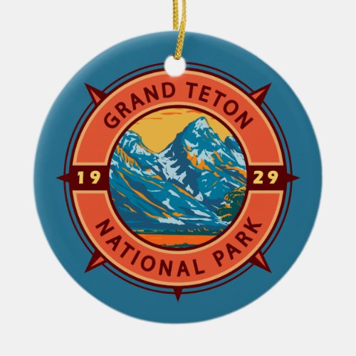 Grand Teton National Park Retro Compass Emblem Ceramic Ornament