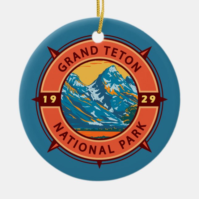 Grand Teton National Park Retro Compass Emblem Ceramic Ornament (Front)