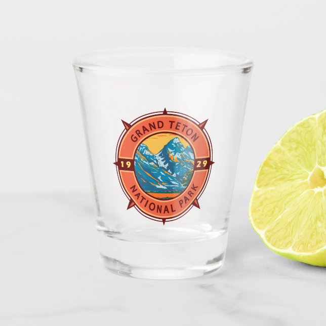 Grand Teton National Park Retro Compass Emblem Shot Glass (Front)