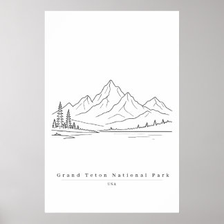 Grand Teton National Park USA Minimalist Line Art Poster