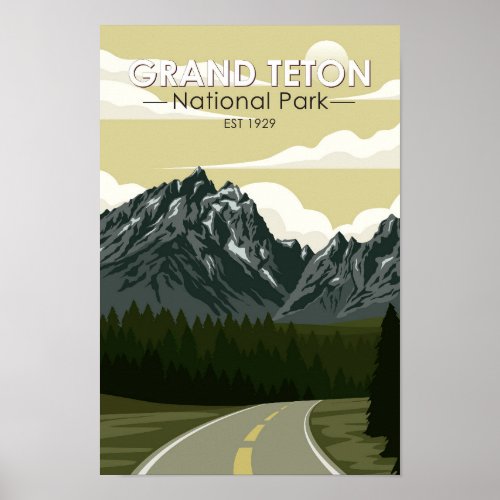 Grand Teton National Park Wyoming Road Vintage  Poster