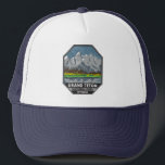 Grand Teton National Park Wyoming Vintage  Trucker Hat<br><div class="desc">Grand Teton vector artwork design. The park includes the major peaks of the Teton Range as well as most of the northern sections of the valley known as Jackson Hole.</div>