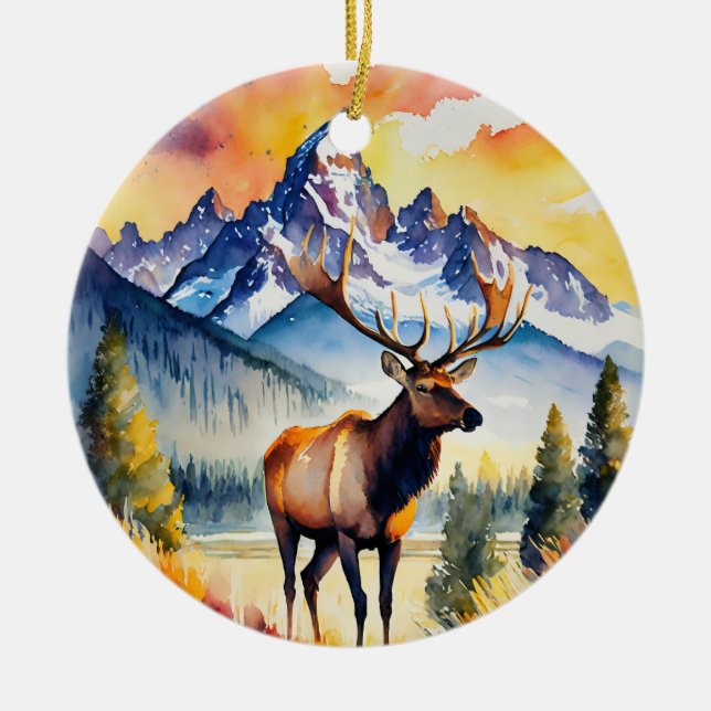 Grand Teton National Park Wyoming Watercolor Ceramic Ornament (Front)