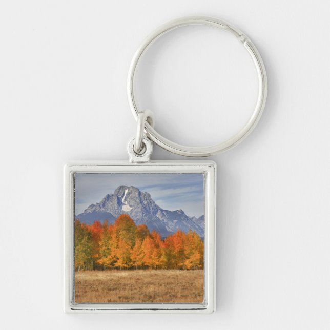 Grand Teton NP, Mount Moran and aspen trees Keychain (Front)