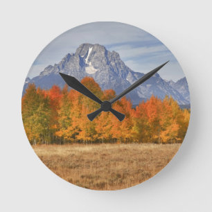 Grand Teton NP, Mount Moran and aspen trees Round Clock