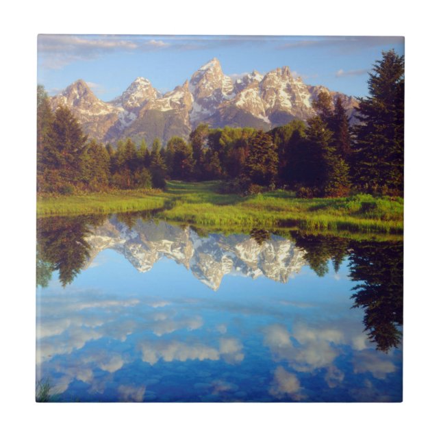 Grand Tetons reflecting in the Snake River Ceramic Tile (Front)